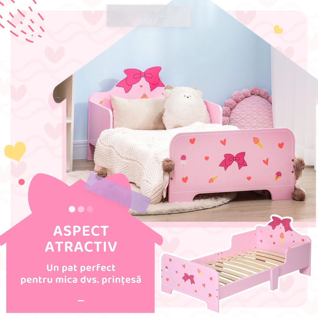 ZONEKIZ Pat pentru Copii cu Bariere Anti-Cădere, Pătuț pentru Copii cu Vârsta 3-6 Ani, 143x74x59 cm, Roz | Aosom Romania