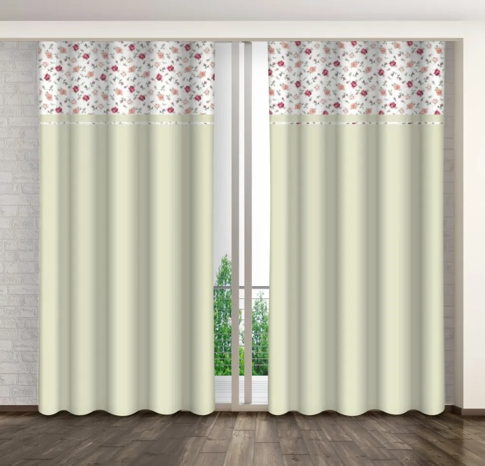 Draperie decorativă verde măsliniu cu imprimeu de trandafiri roz și roșii Lățime: 160 cm | Lungime: 250 cm