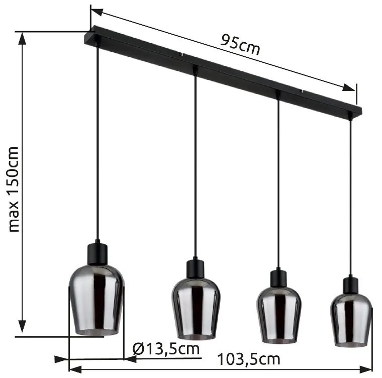 Lustra suspendata design modern RYAN 4L negru/fumuriu