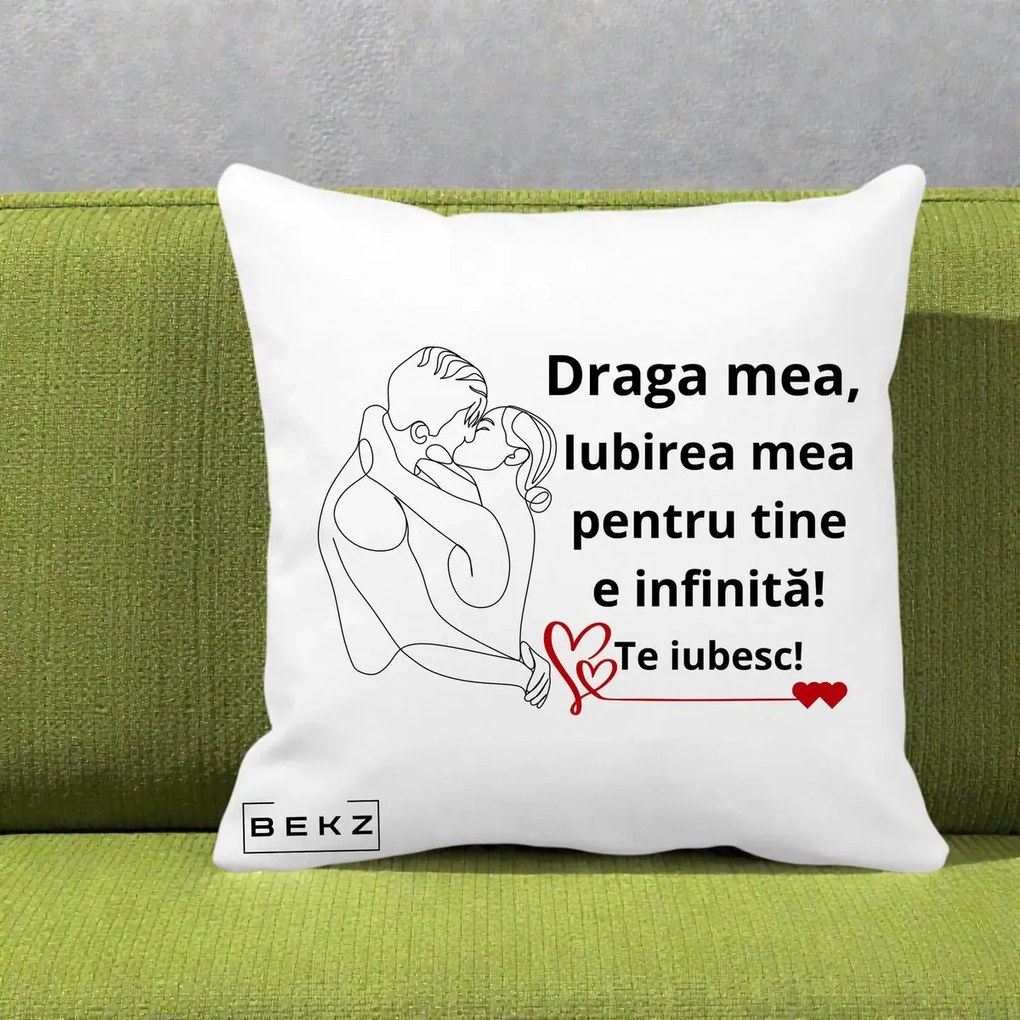 Cadou pentru Iubita - Perna Personalizata Draga Mea Iubirea Mea pentru Tine e Infinita Te Iubesc, 40x40 cm, Alba Mata, Husa Detasabila, Perna Inclusa, BEKZ®