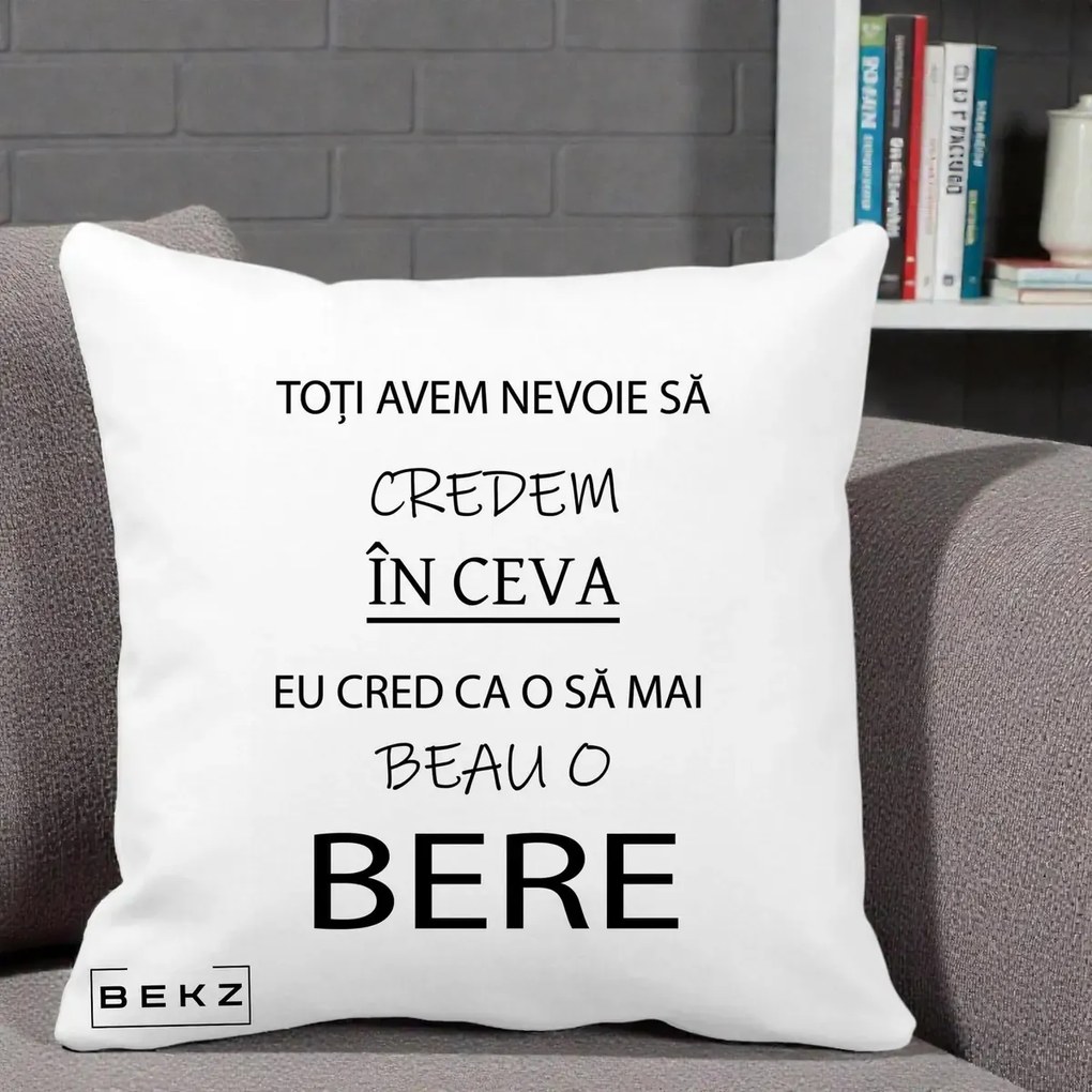 Perna Decorativa Eu Cred ca mai Beau o Bere, 40x40 cm, Alba Mata, Husa Detasabila, Perna Inclusa, BEKZ®