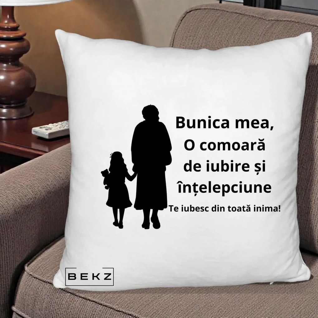 Cadou pentru Bunica - Perna Personalizata Bunica Mea Comoara Iubire Intelepciune Silueta, 40x40 cm, Alb Pufos, Husa Detasabila, Perna Inclusa, BEKZ®