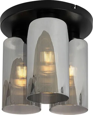 Plafoniera Art Deco neagră cu sticlă fumurie cu 3 lumini - Laura
