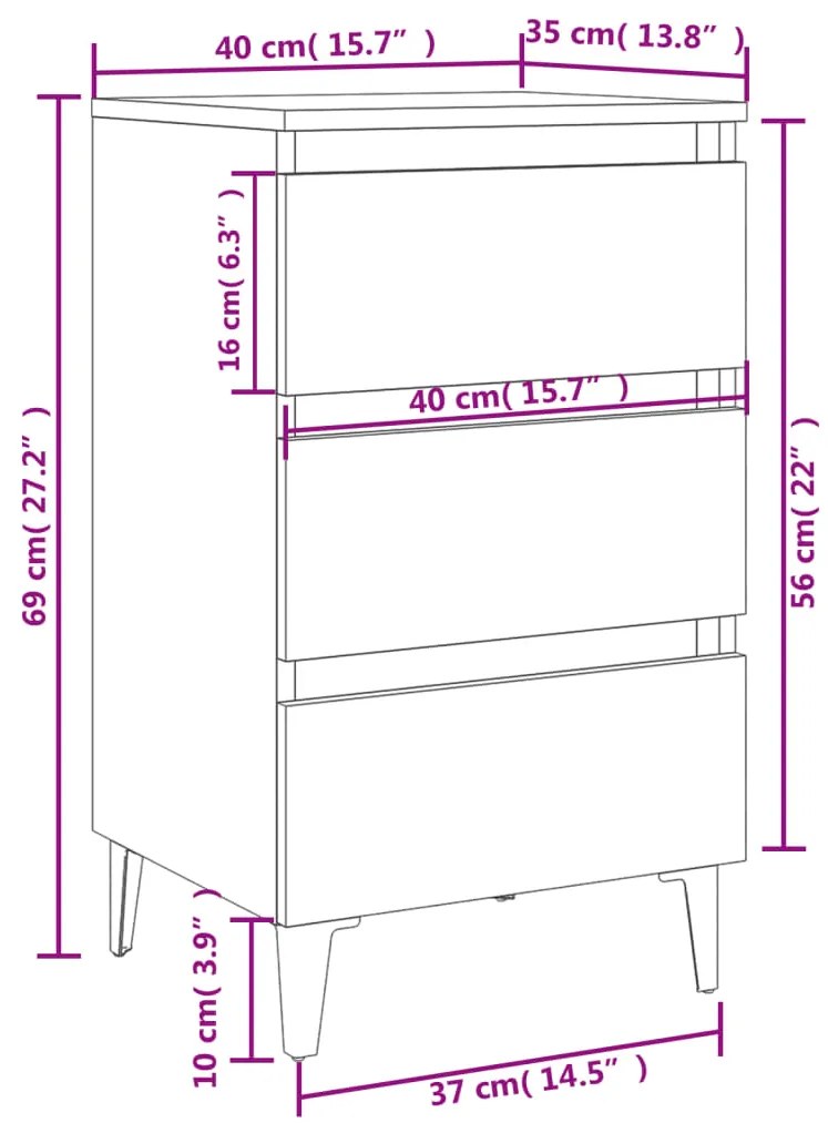 Noptiera cu picioare metalice, alb extralucios, 40x35x69 cm 1, Alb foarte lucios