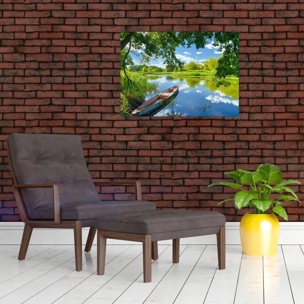 Tablou pe sticlă cu râu de vară și barcă (70x50 cm)