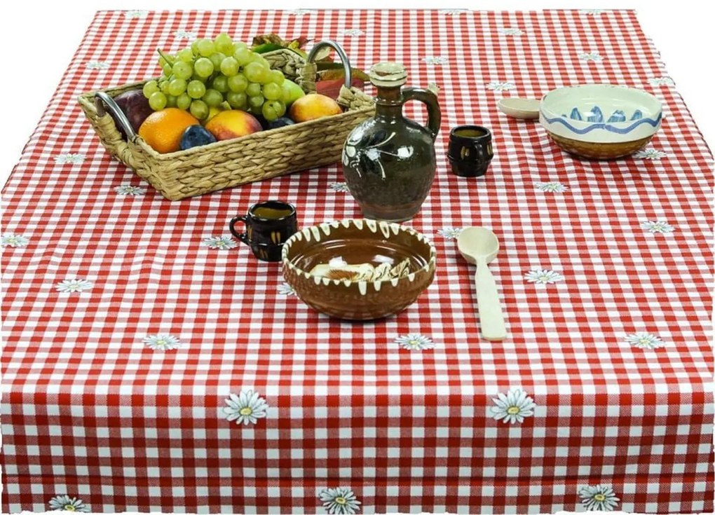 Fata de masa cu carouri alb si rosii si margarete CASA GINO , bumbac 100%, 150X160, masa 6 persoane, Rosu cu margarete