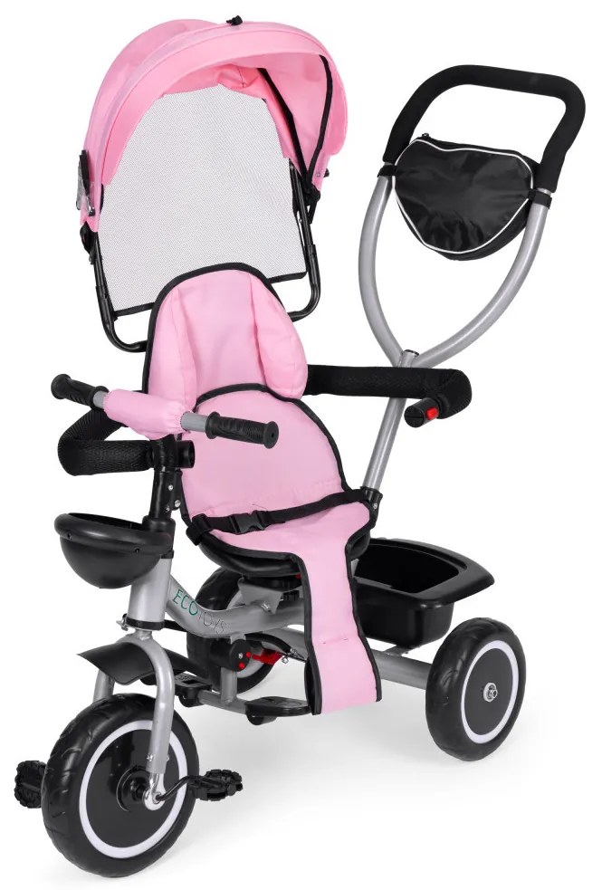 Triciclu triciclu cu scaun pivotant și parasolar pliabil 2in1 roz