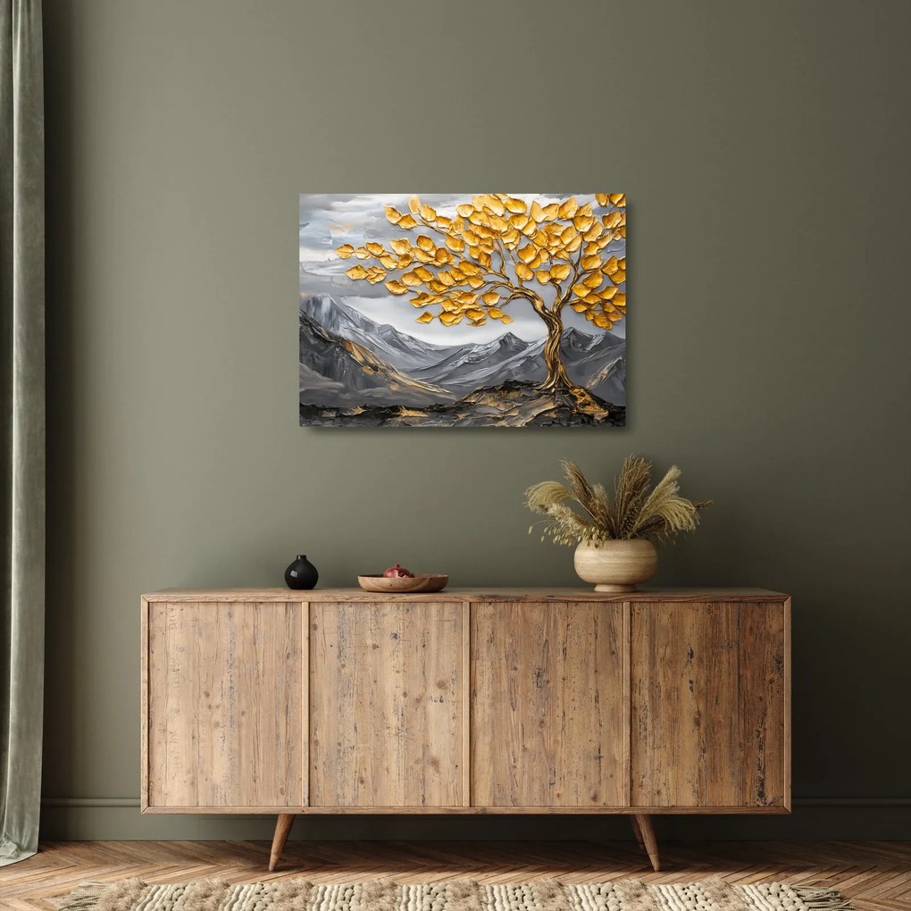 Tablou pe sticlă – Arbore cu frunze aurii (70x50 cm)