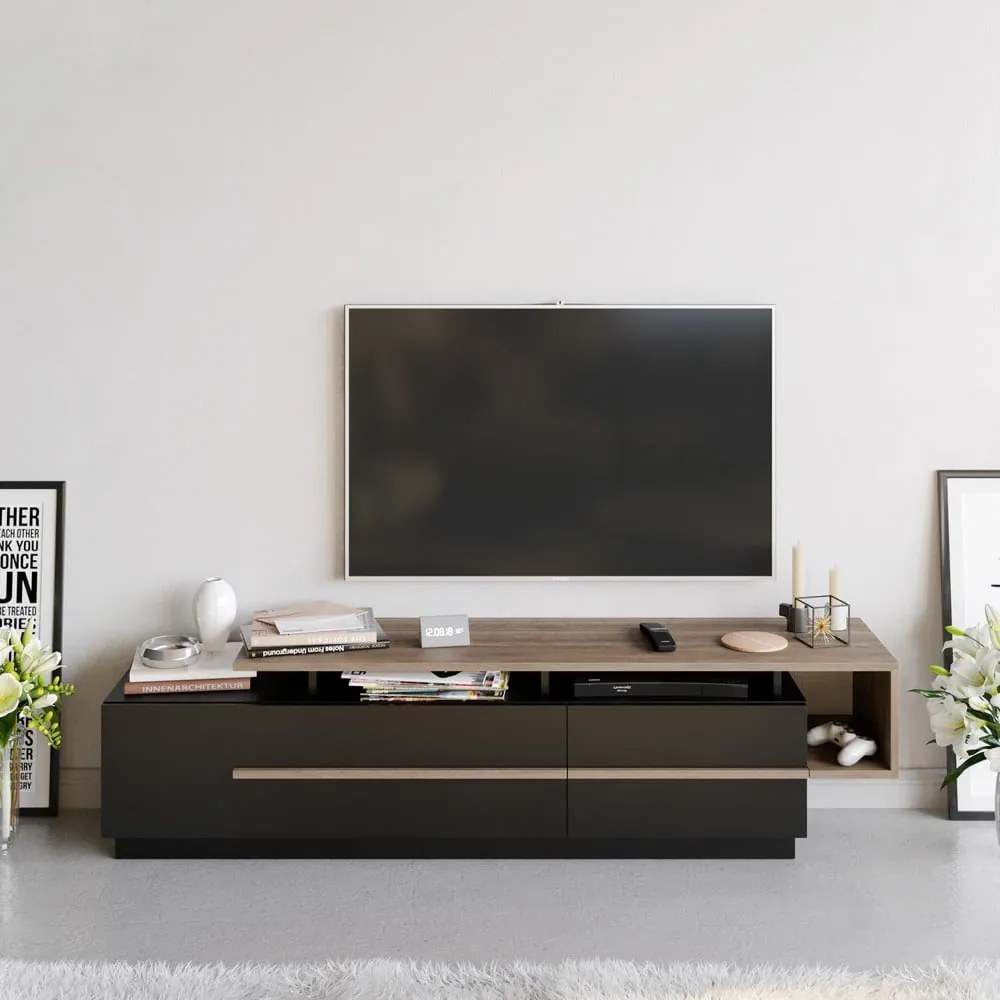 Comodă TV neagră cu aspect de lemn de nuc 180x46 cm Pia – Kalune Design