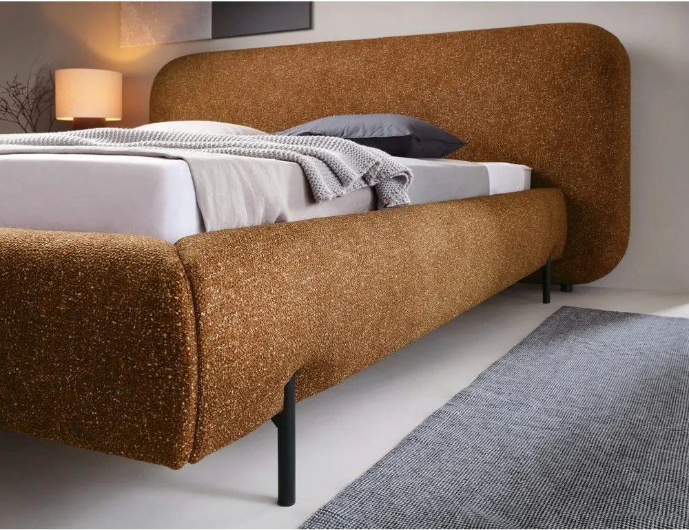 Pat matrimonial galben ocru tapițat cu spațiu de depozitare cu somieră 180x200 cm Pointt – ELTAP