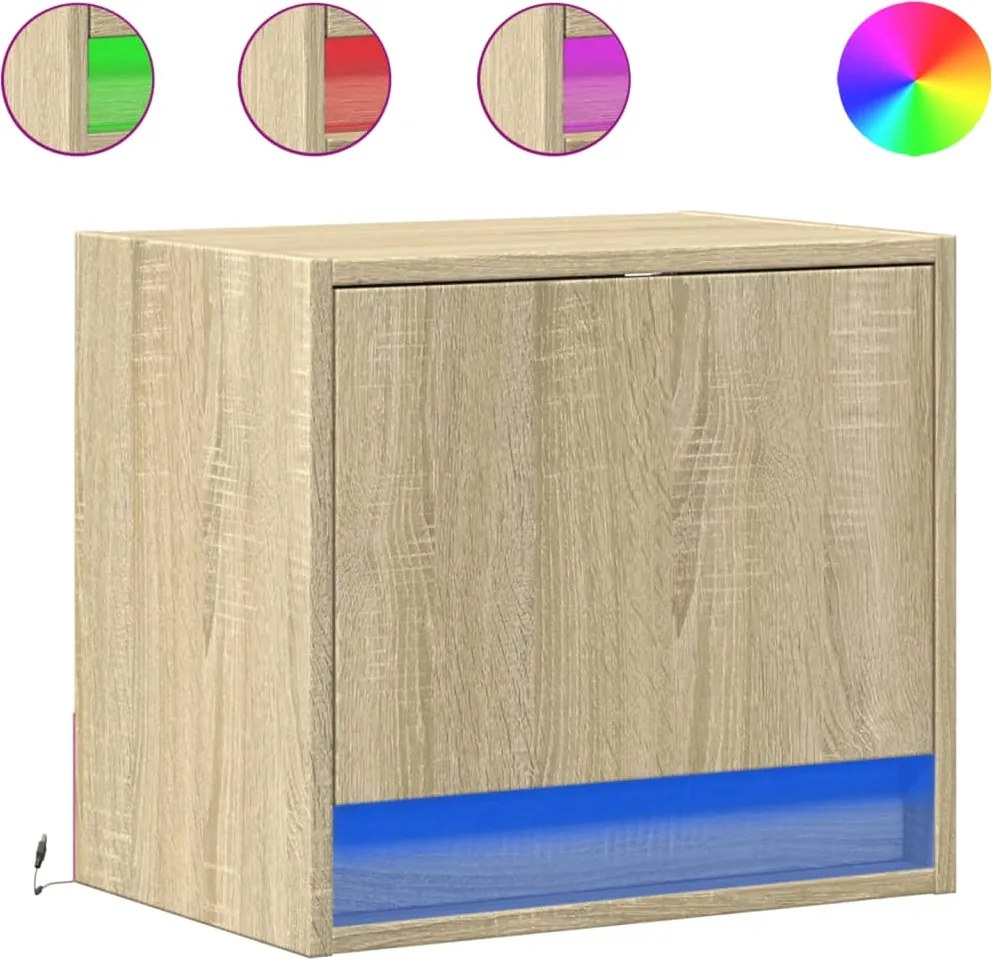 vidaXL Noptiere montate pe perete cu lumini LED, 2 buc., stejar sonoma