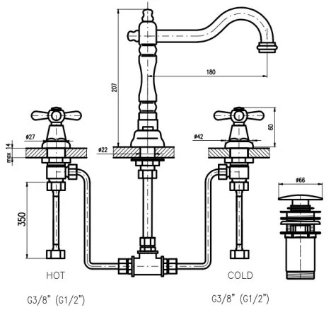 Baterie pentru lavoar RAV Slezák MK132.0SM + set de scurgere MORAVA RETRO, alamă antichizată