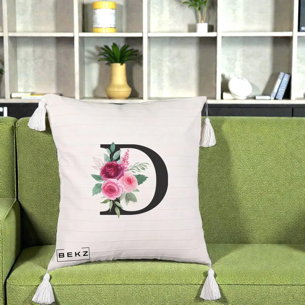 Cadou Personalizat - Perna Personalizata Monograma Florala Litera D, 40x40 cm, Bej cu Franjuri, Husa Detasabila, Perna Inclusa, BEKZ®