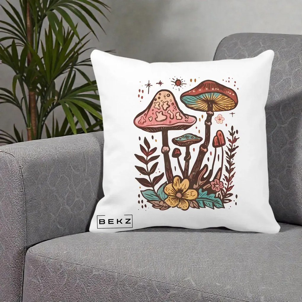 Perna Decorativa Ciuperci Boho Multicolore, 40x40 cm, Alba Mata, Husa Detasabila, Perna Inclusa, BEKZ®