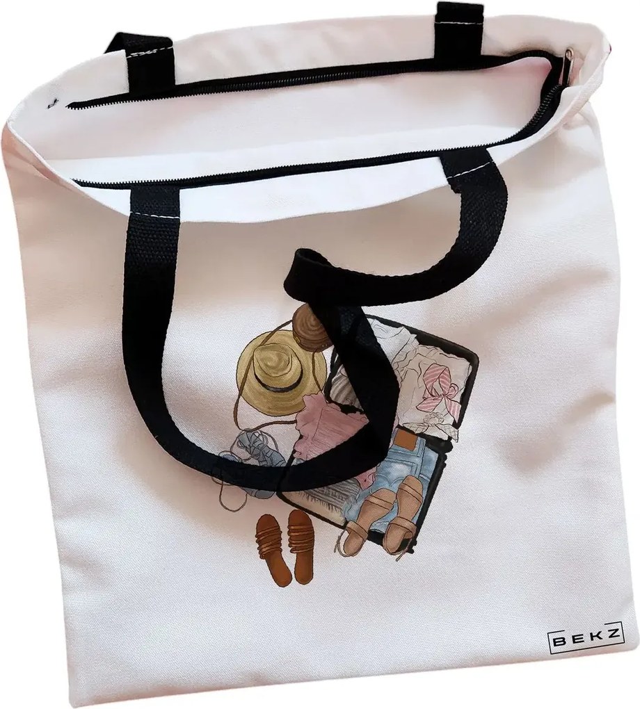 Sacosa de Panza pentru Cumparaturi, Geanta Tote, Travel Girl 10, Cu fermoar, 38x34.5 cm, Alba, BEKZ®
