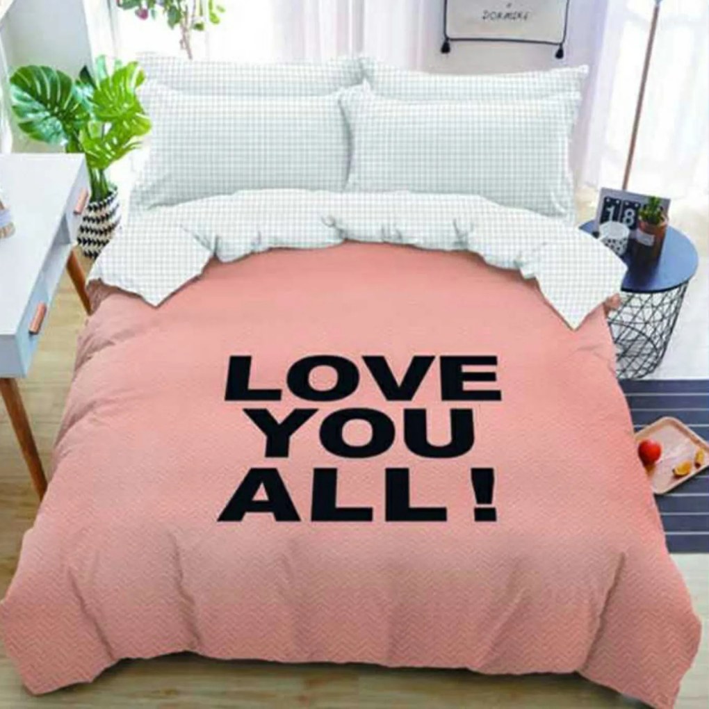 Lenjerie de pat din bumbac Culoare caisa, LOVE YOU ALL + husa de perna 40 x 50 cm gratuit