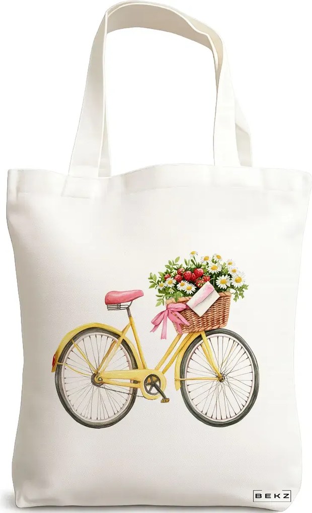 Sacosa de Panza pentru Cumparaturi, Geanta Tote, model Flowery Yellow Bike 38 x 34.5 cm, Alba, BEKZ®