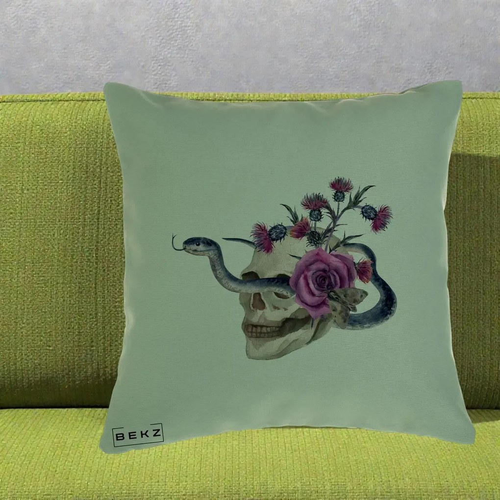 Perna Decorativa Craniu cu Sarpe si Trandafiri Gothic, 40x40 cm, Verde, Husa Detasabila, Perna Inclusa, BEKZ®