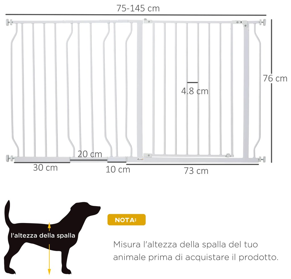 Poarta de Siguranta PawHut pentru Caini din Otel si ABS, Portita pentru Caini Extensibila 75-145cm pentru Scari si Usi, Alb | Aosom Romania