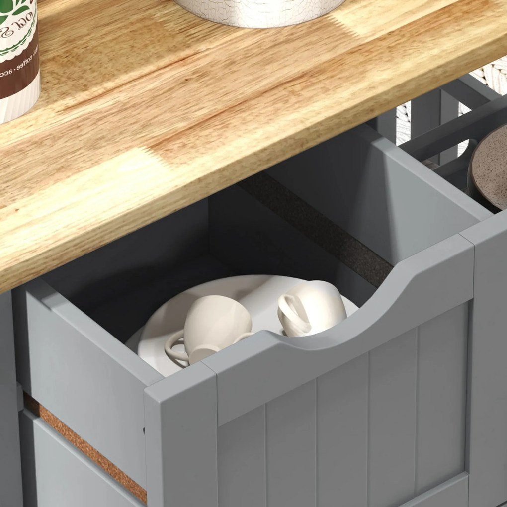 HOMCOM Carucior Auxiliar cu Roti Carucior de Bucatarie cu 3 Sertare 2 Rafturi Deschise si Tava Detasabila 67x37x85,5 cm Gri | Aosom Romania