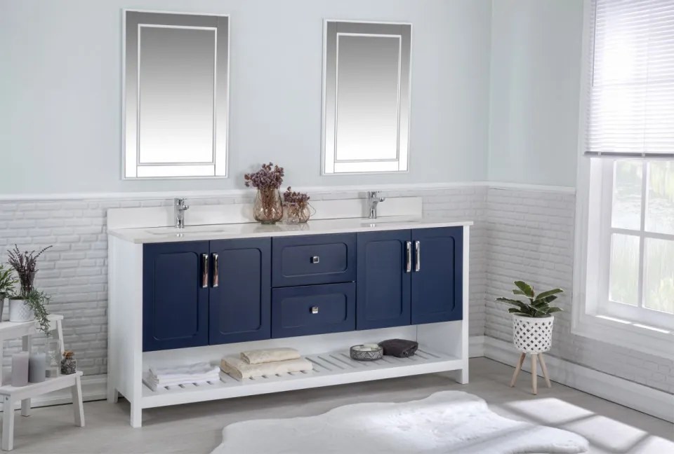 Set Mobilier Baie Yampa 72, Include Dulap Baza cu Lavoar Dublu și 2 Oglinzi, 180 cm, Albastru Inchis / Alb