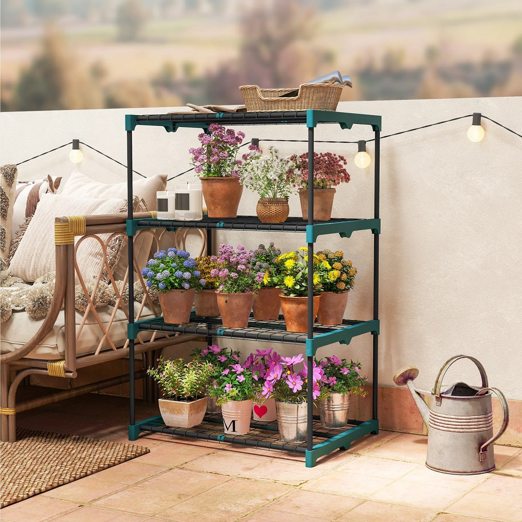 Outsunny Suport Vertical pentru Plante cu 4 Niveluri din Oțel și Plastic, Suport pentru Ghivece de Interior și Exterior, Grădină, Balcon, 67x49x105 cm, Verde Închis | Aosom Romania