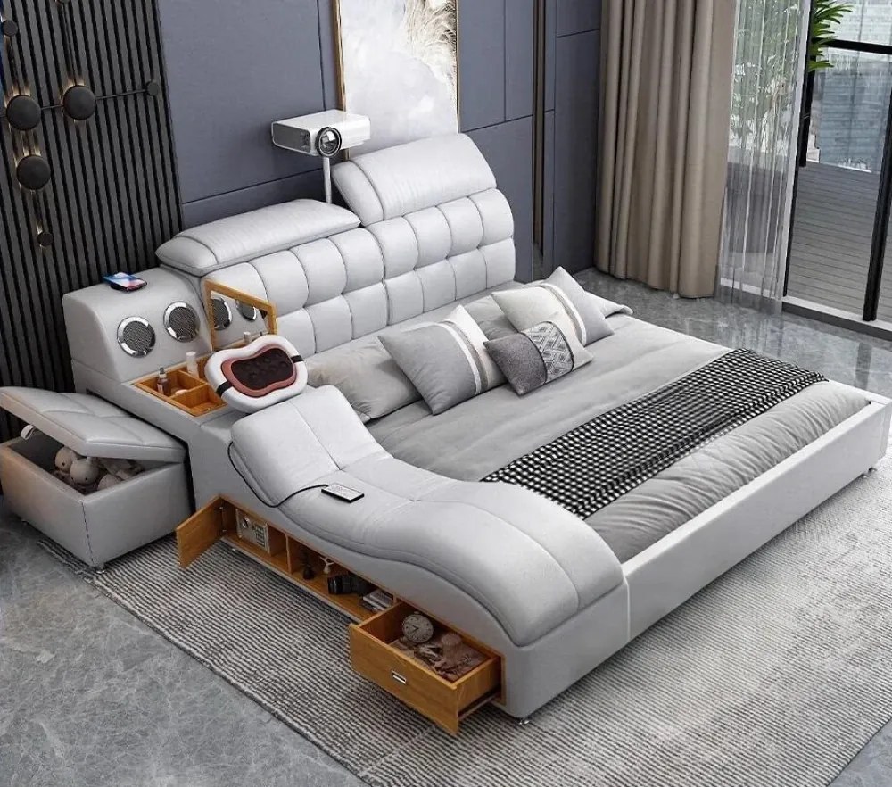 MOBLUX99 Utility 160x200 cm Light Grey Right Chaise – Pat Inteligent Premium cu Proiector, Vibromasaj, Boxe Bluetooth, Încărcare Wireless și Spații Multiple de Depozitare
