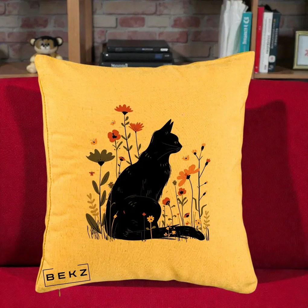 Perna Decorativa Pisica Neagra Profil Flori Portocalii, 40x40 cm, Galben, Husa Detasabila, Perna Inclusa, BEKZ®