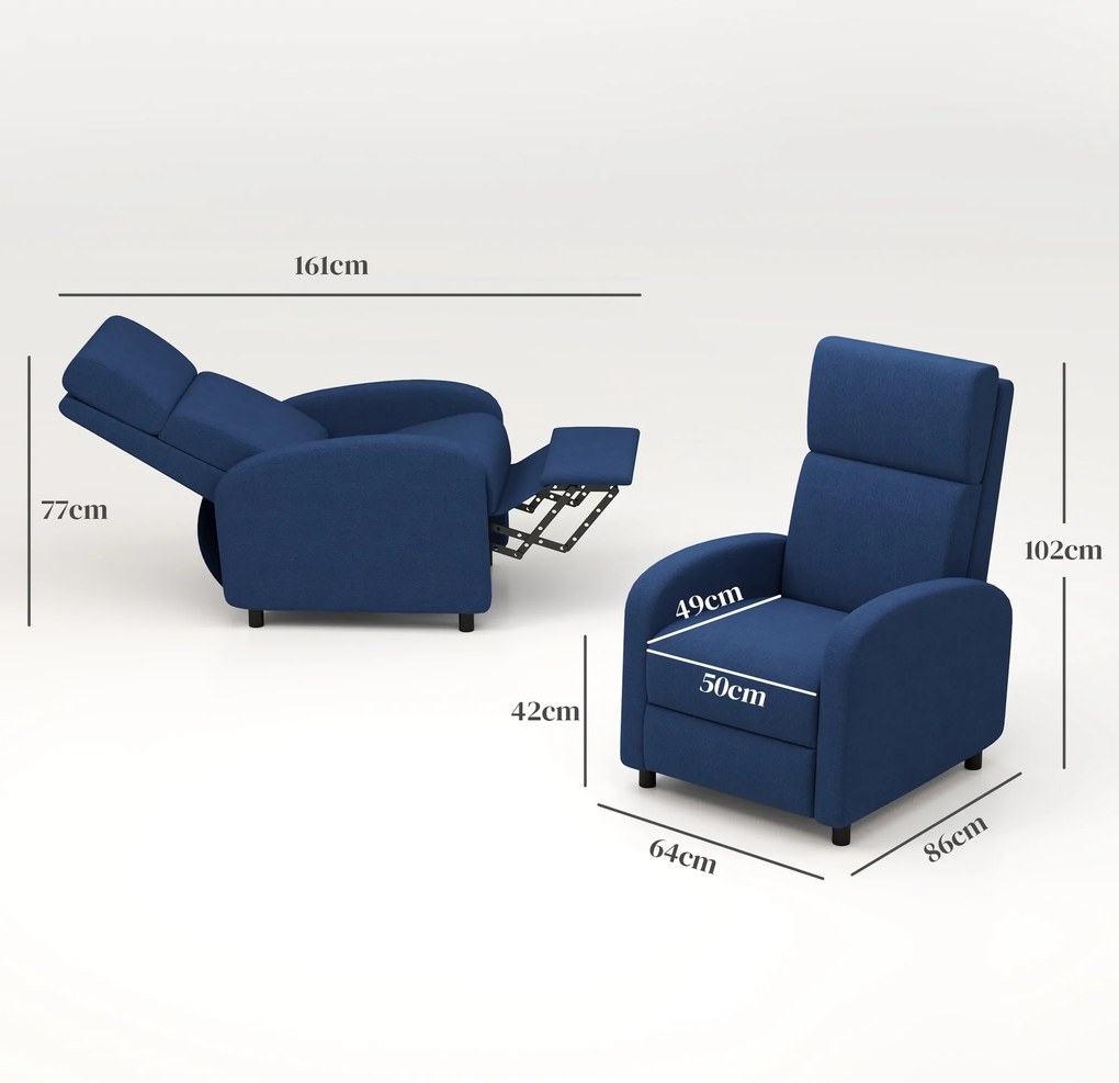 HOMCOM Fotoliu Relax Reclinabil Manual 160° cu Suport pentru Picioare, Fotoliu Reclinabil Tapițat Ergonomic din Material Textil Tip In pentru Dormitor, Birou, Sufragerie, Albastru | Aosom Romania