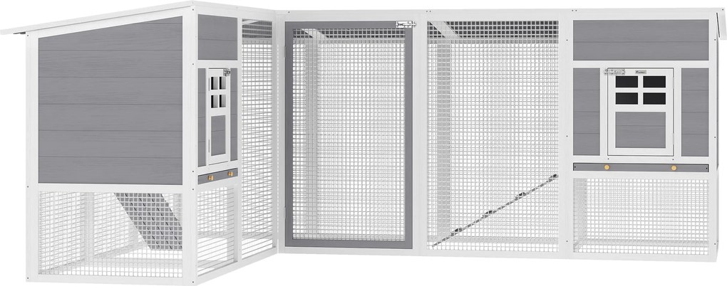 PawHut Cotet pentru găini casă din lemn în formă de L cu 2 case, 2 niveluri, zonă de alergare, rampă, 251 x 192 x 103 cm Gri | Aosom Romania