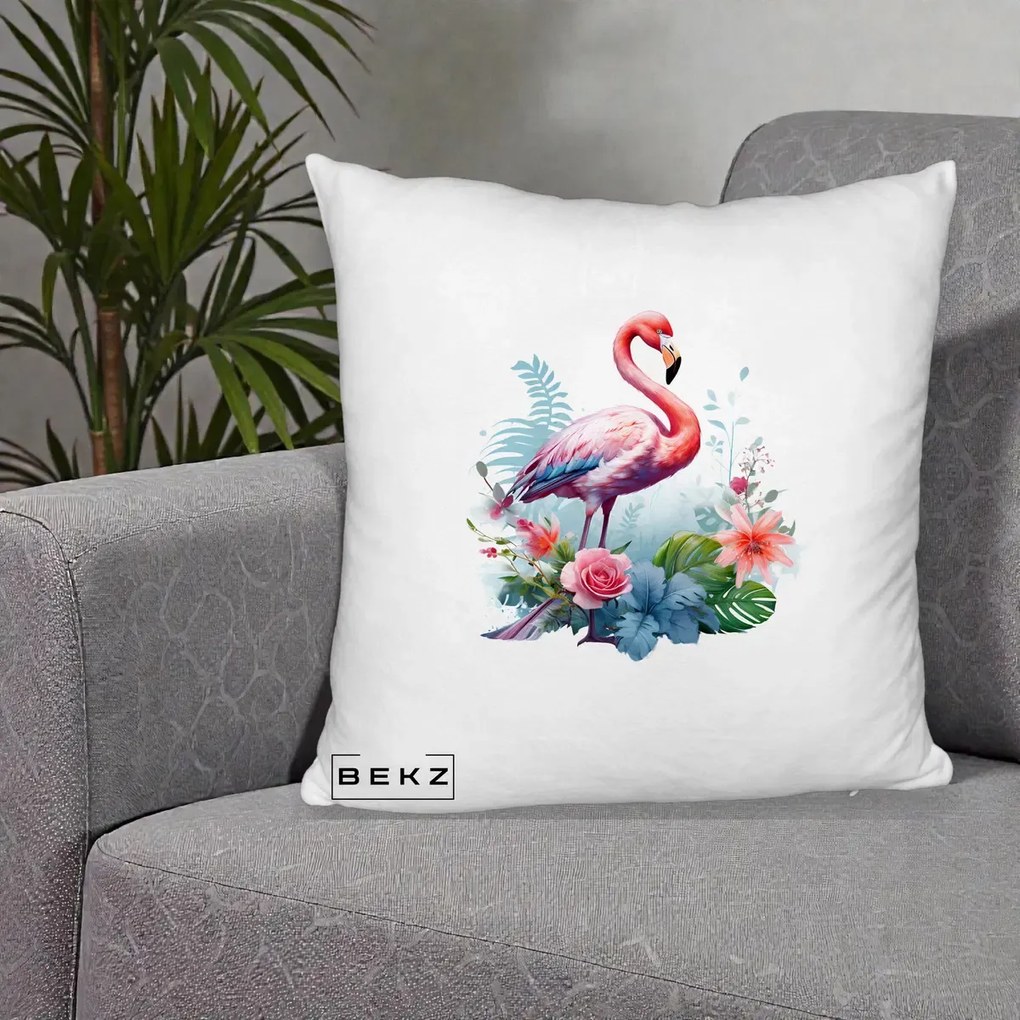 Perna Decorativa Flamingo cu Flori Tropicale Acuarela, 40x40 cm, Alb Pufos, Husa Detasabila, Perna Inclusa, BEKZ®