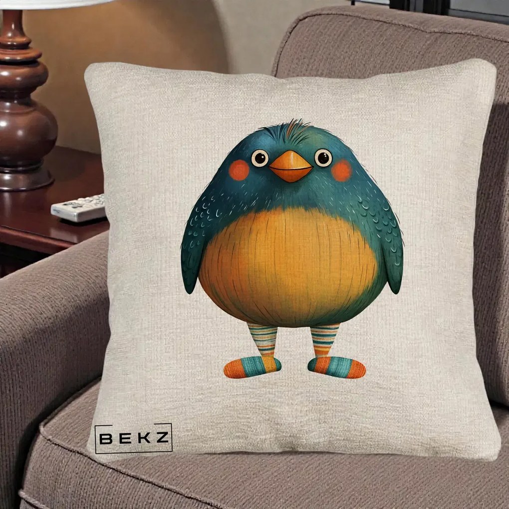 Perna Decorativa Pasare Teal cu Sosete Dunghi, 40x40 cm, Bej Canapea, Husa Detasabila, Perna Inclusa, BEKZ®