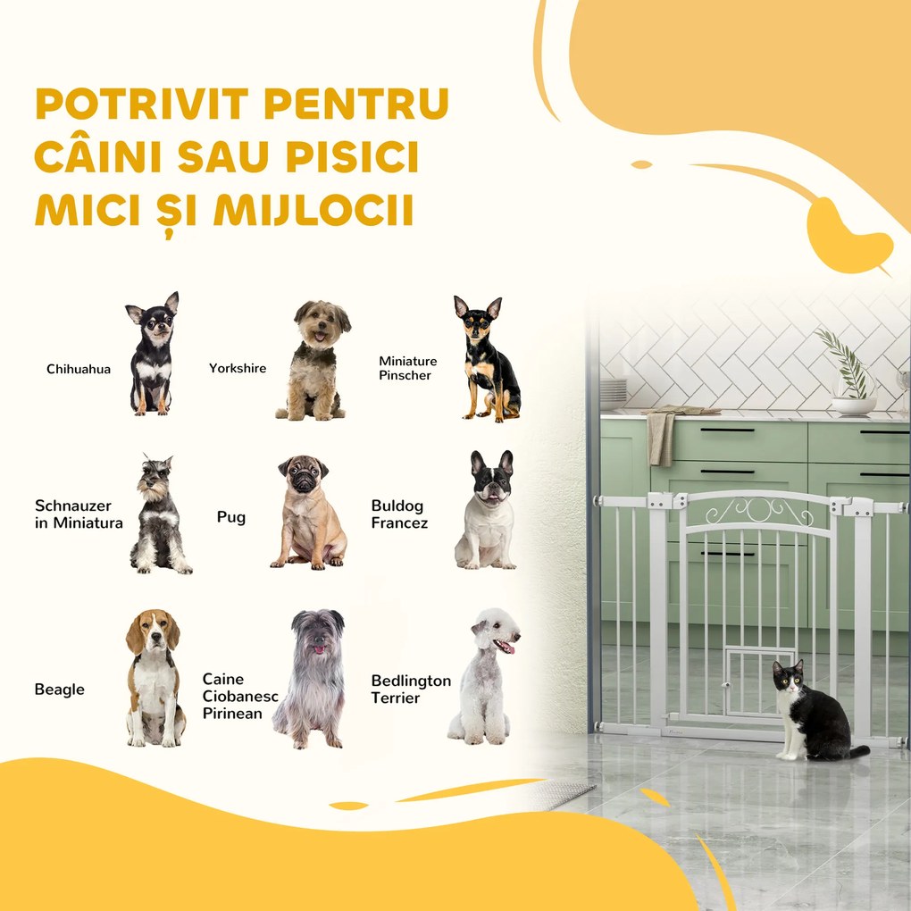 PawHut Ușă de Siguranță pentru Câini de Interior cu 2 Extensii și Ușiță pentru Pisici, 76-104x77 cm, Alb | Aosom Romania