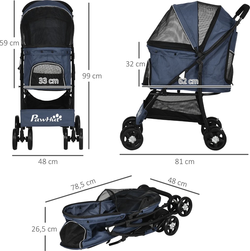 PawHut cărucior pentru câini, pliabil, 1 coș, 1 pernă, 1 buzunar lateral, 81 cm x 48 cm x 99 cm, gri | Aosom Romania