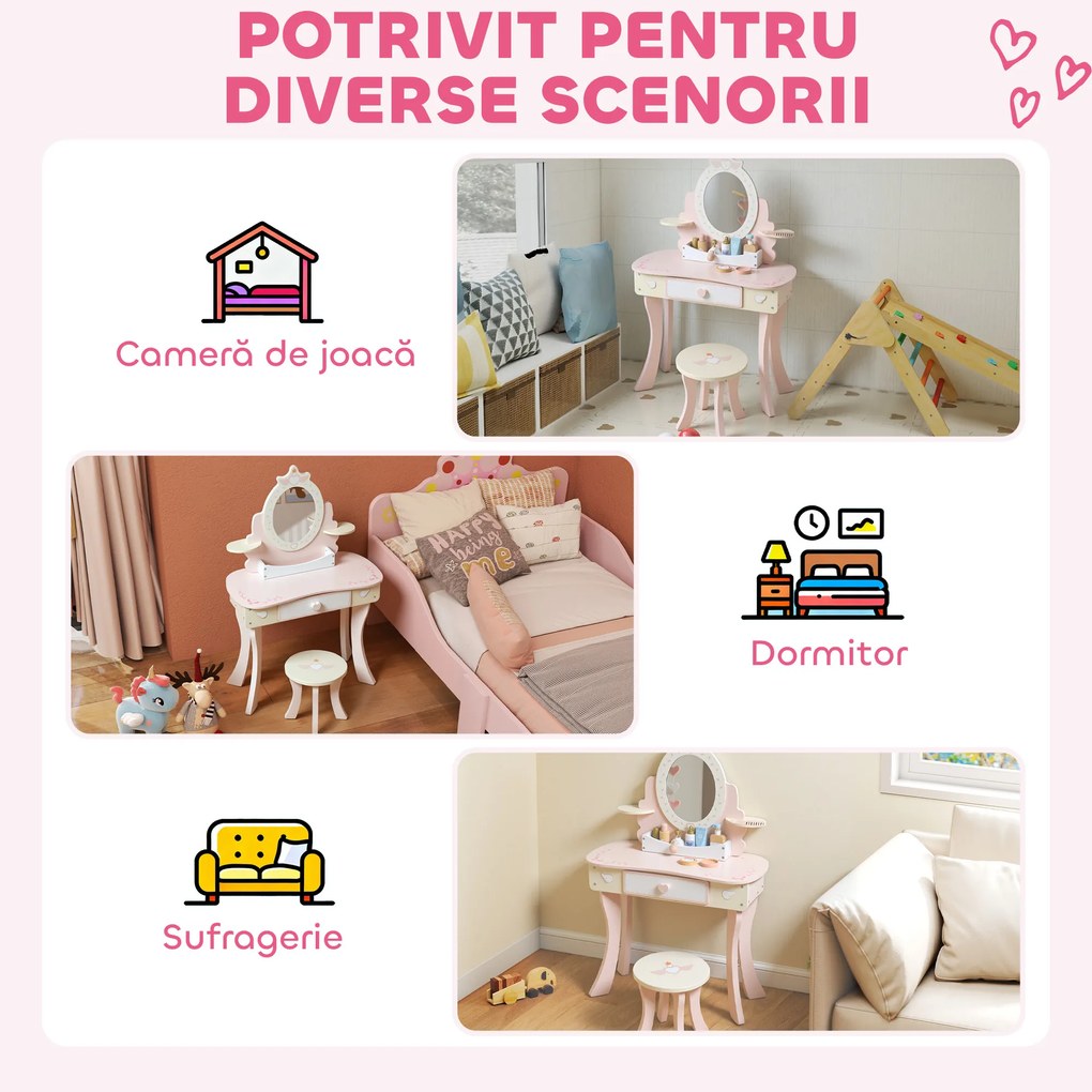 AIYAPLAY Set Masă de Toaletă pentru Copii cu Oglindă și Scaunel, 7 Accesorii de Joc, Sertar, Depozitare pe Birou, Roz | Aosom Romania