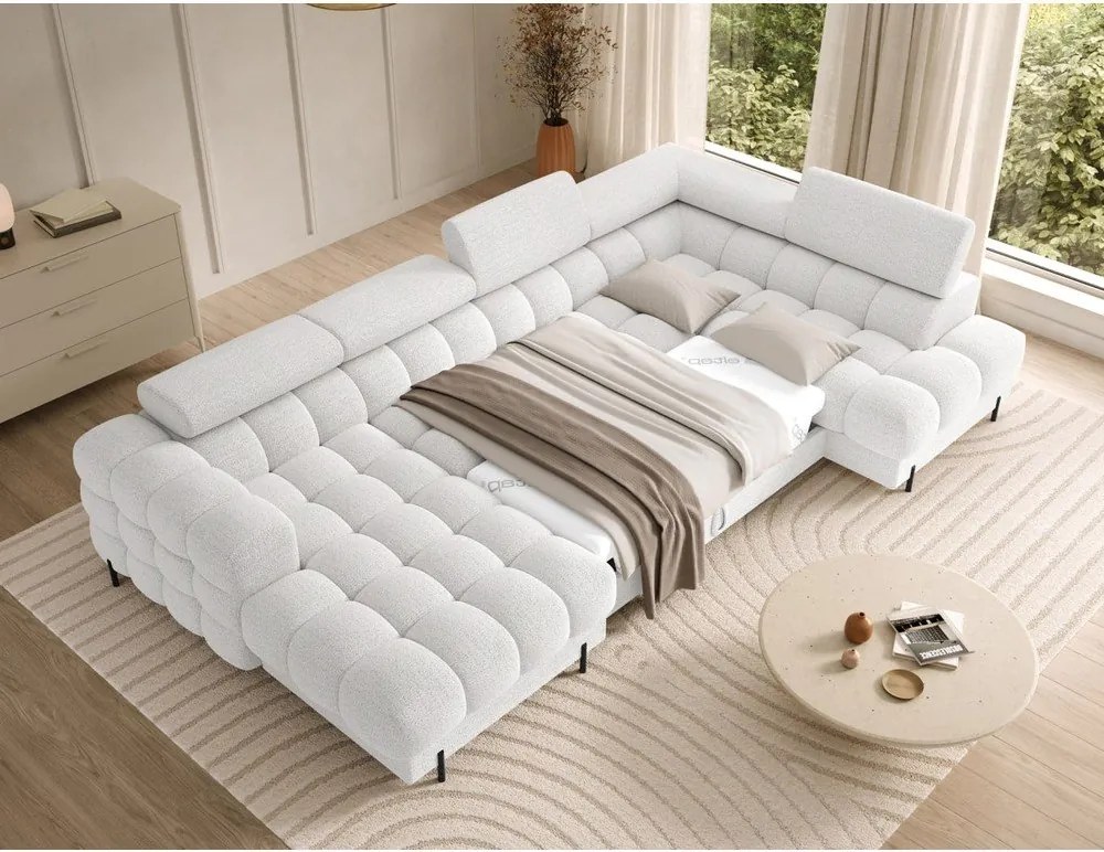 Colțar crem extensibil cu tapițerie din țesătură bouclé (cu colț pe partea dreaptă/în formă de "U") Feraria – ELTAP