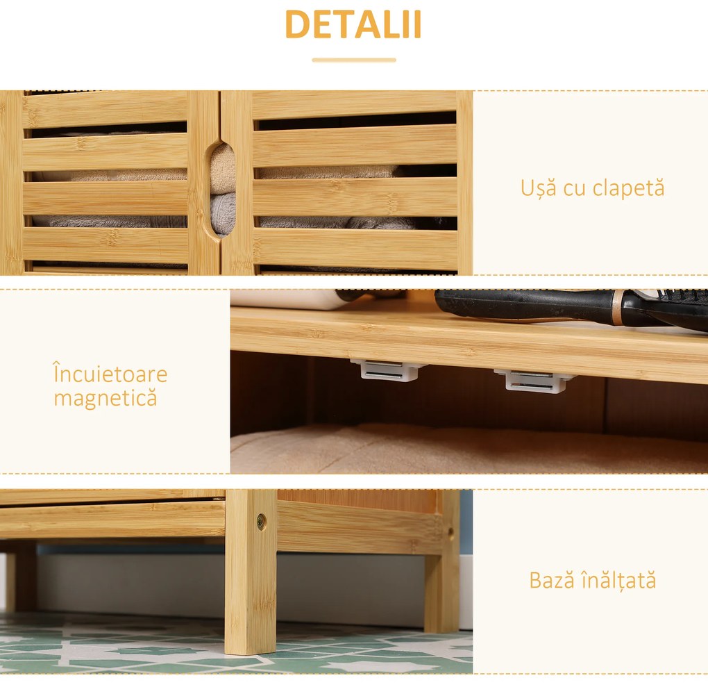 kleankin Mobile Bagno in Bambù, Mobiletto Bagno Salvaspazio con 2 Ante a Persiana e Ripiani Aperti, Armadietto da Terra per Sala da Pranzo, Salotto, Soggiorno, Cucina, 50x29x92 cm, Color Legno | Aosom Romania