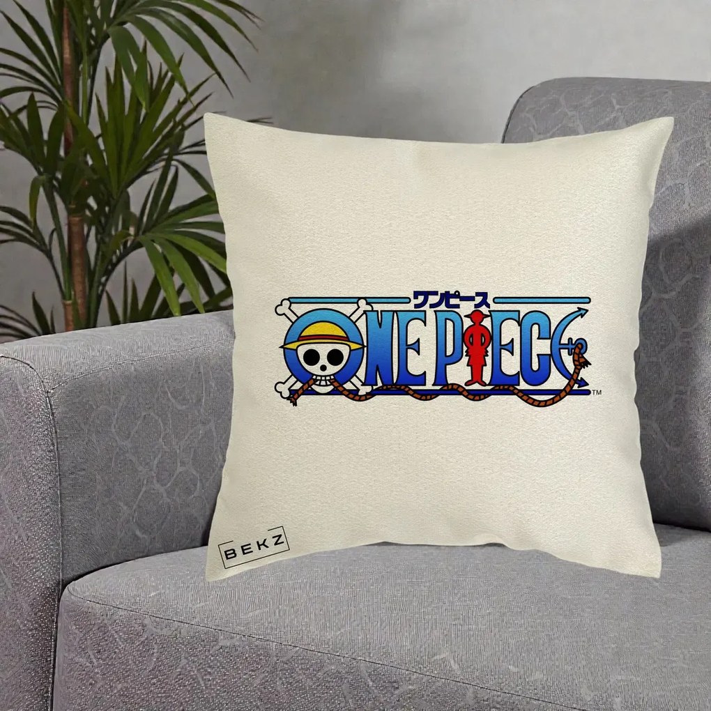Perna Personalizata One Piece Clasic Albastru, 40x40 cm, Ecru, Husa Detasabila, Perna Inclusa, BEKZ®