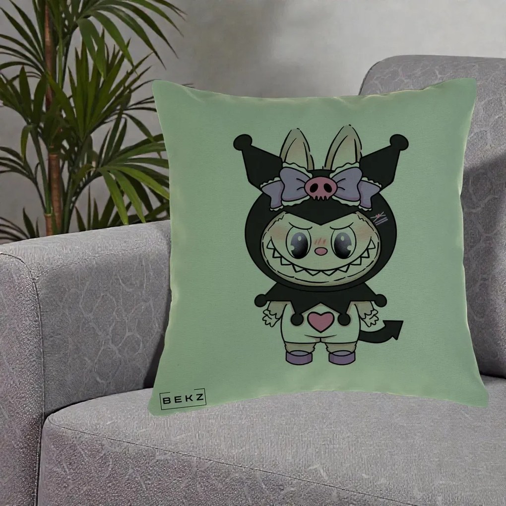 Perna Personalizata Labubu x Kuromi, 40x40 cm, Verde, Husa Detasabila, Perna Inclusa, BEKZ®