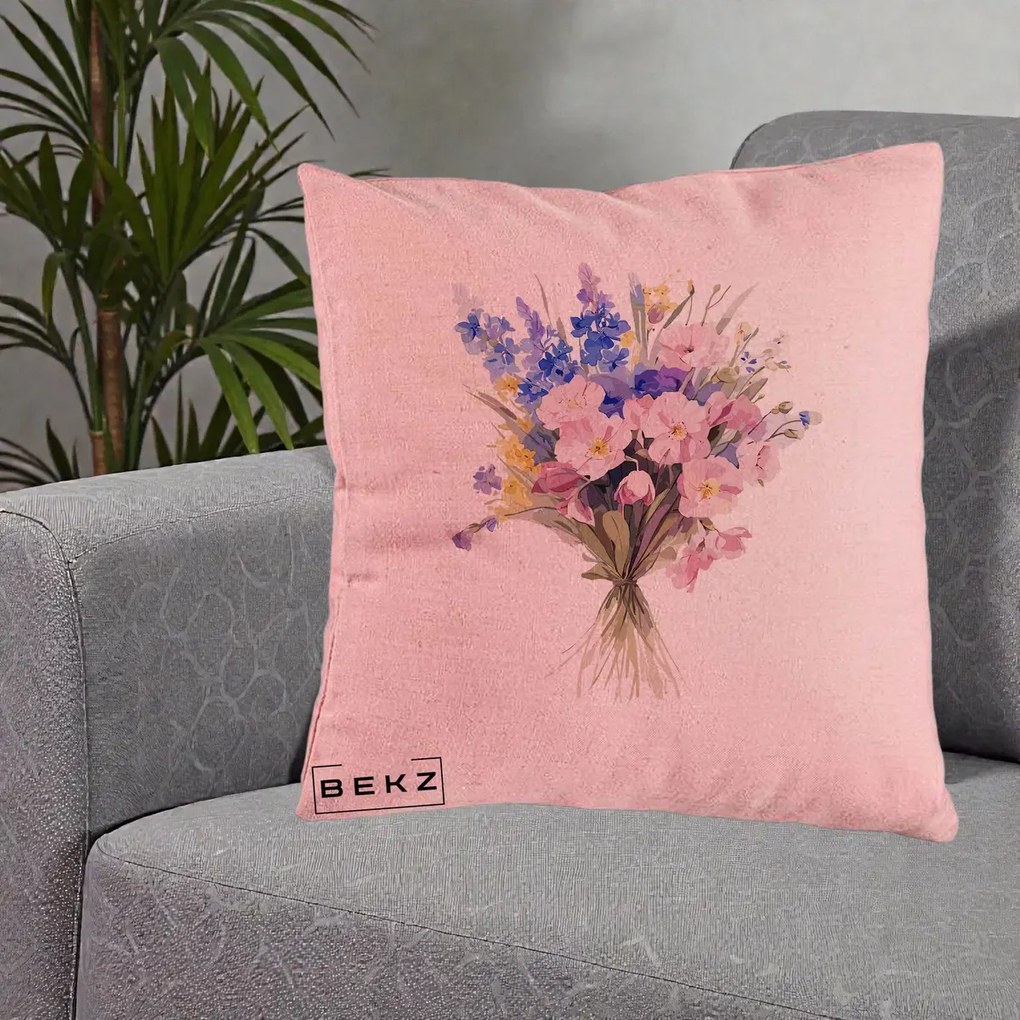 Perna Decorativa Buchet Floral Acuarela Primavara, 40x40 cm, Roz, Husa Detasabila, Perna Inclusa, BEKZ®