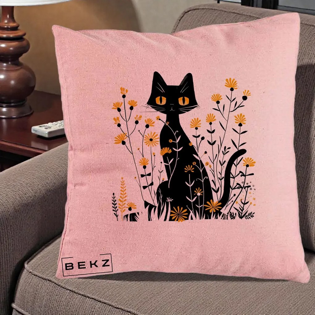 Perna Decorativa Pisica Neagra Ochi Galbeni Flori Galbene, 40x40 cm, Roz, Husa Detasabila, Perna Inclusa, BEKZ®