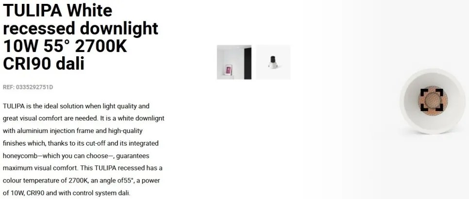 Spot LED incastrabil TULIPA White recessed downlight 10W 55° 2700K CRI90 dali