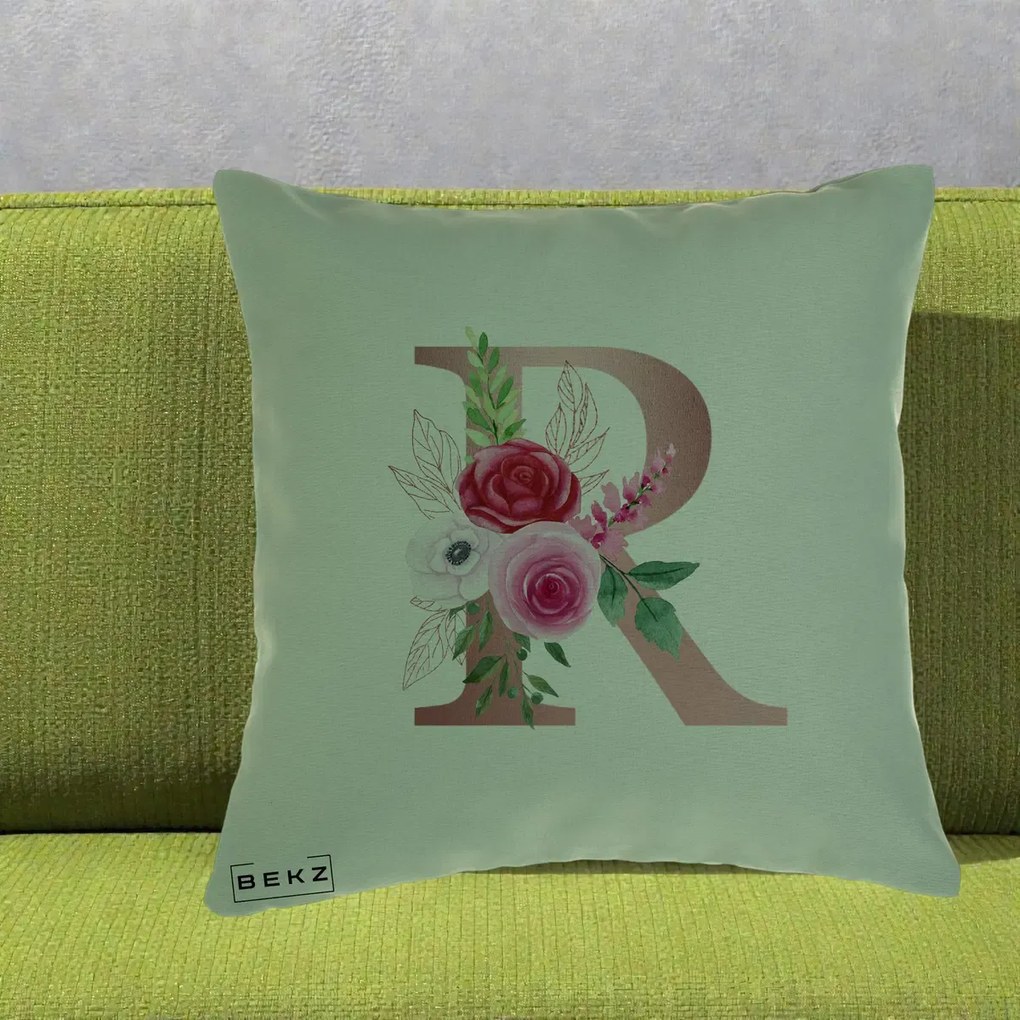 Cadou Personalizat - Perna Personalizata Monograma Rose Gold Litera R, 40x40 cm, Verde, Husa Detasabila, Perna Inclusa, BEKZ®