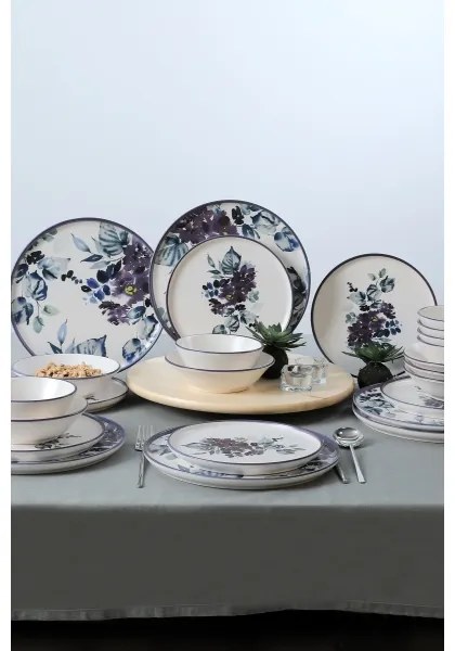 Set de veselă, 24 piese, din ceramică, alb/albastru