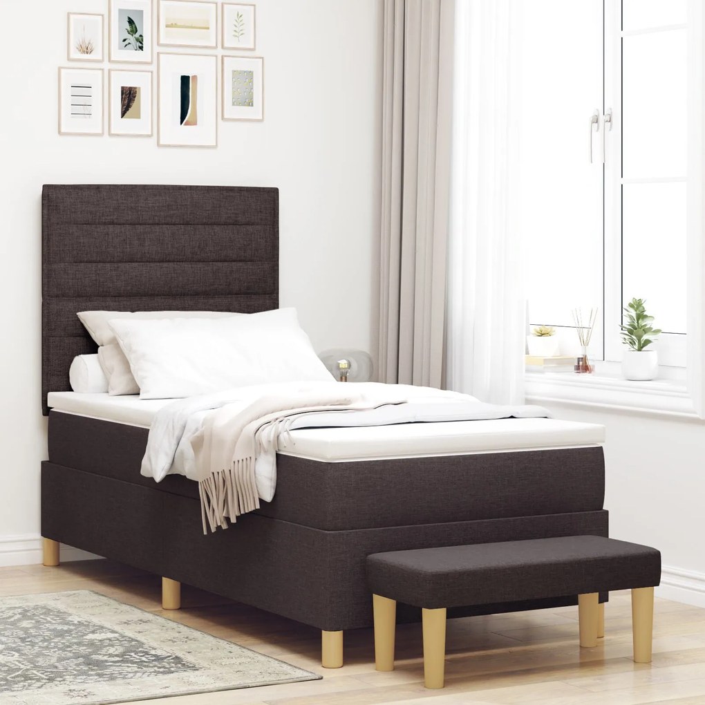 vidaXL Pat cu Arcuri cu Saltea &amp; Bancă Marron Închis 80x200 cm Țesătură