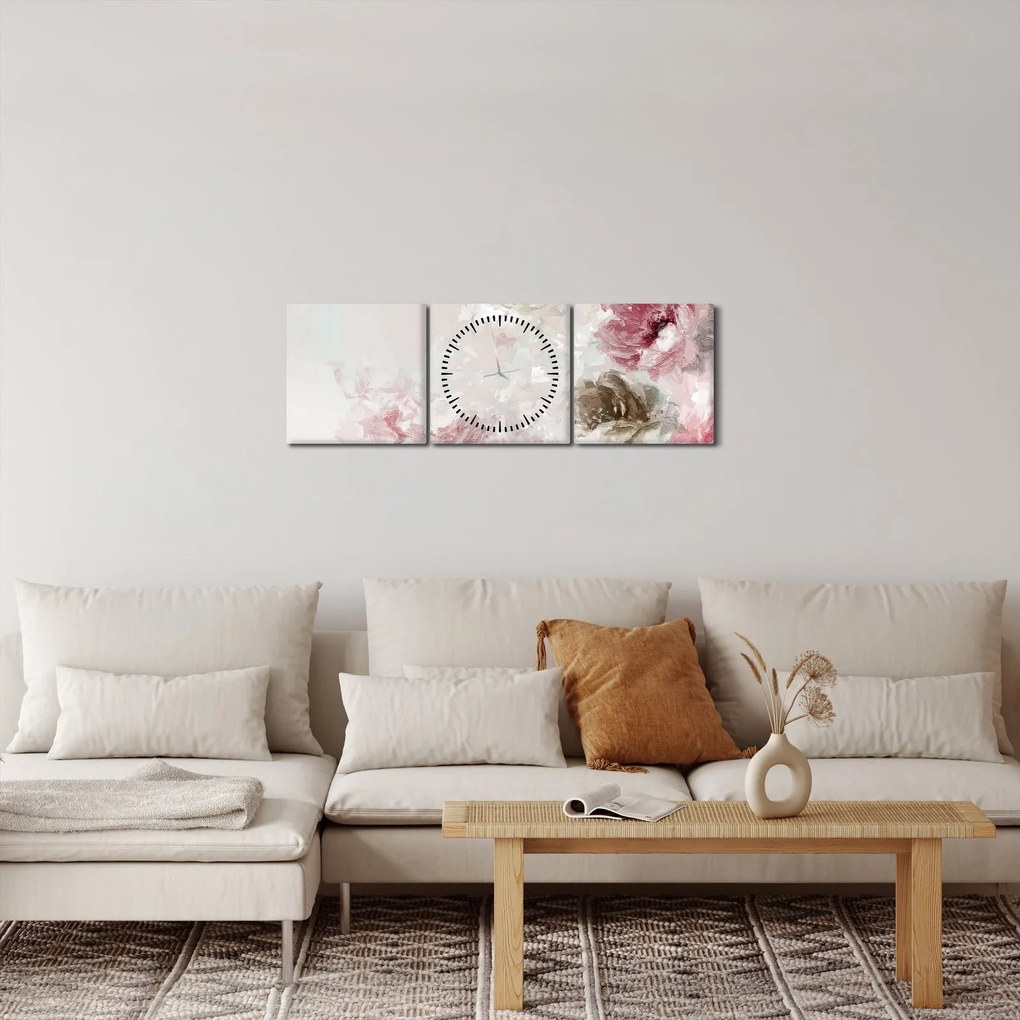 Tablou - Pictura flori roz (cu ceas) (90x30 cm)