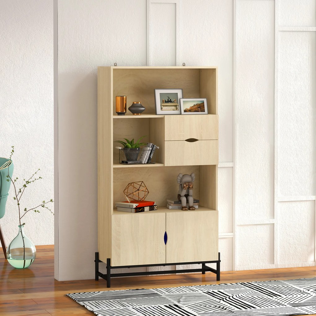 Biblioteca de Perete din MDF si Metal cu 2 Sertare, 2 Dulapioare si 4 Rafturi Deschise, 80x35x155 cm, culoare Lemn natur HOMCOM | Aosom Romania