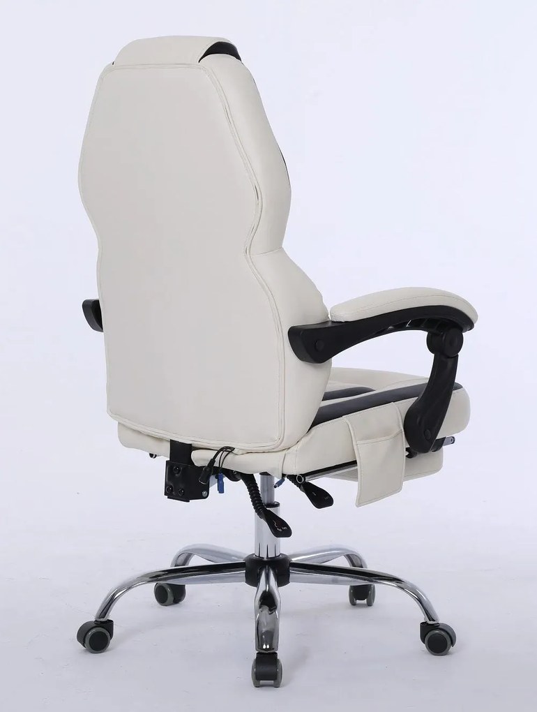 RESIGILAT- Scaun directorial cu Masaj si Incalzire, 8 puncte de masaj, suport picioare, Piele ecologica, Ivory/Negru