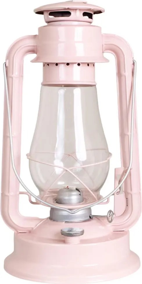 Felinar vintage roz cu petrol, din metal și sticlă, cu detalii argintii, capac de siguranță și fitil inclus, „Hurricane Lantern Pink Large"