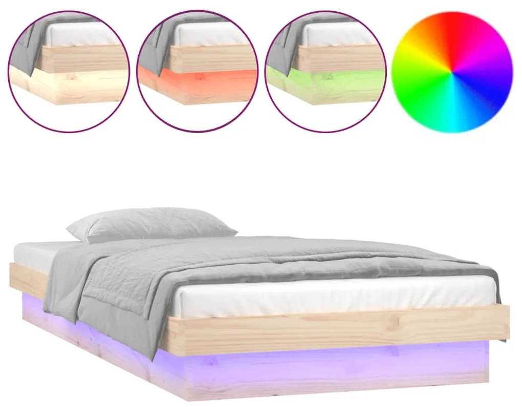 819997 vidaXL Cadru de pat cu LED, mic single, 2FT6, 75x190 cm, lemn masiv